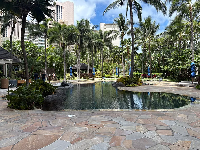 View of pool from entrance