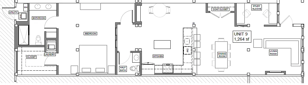 Floor plan 1 BR, 1.5BA+Den