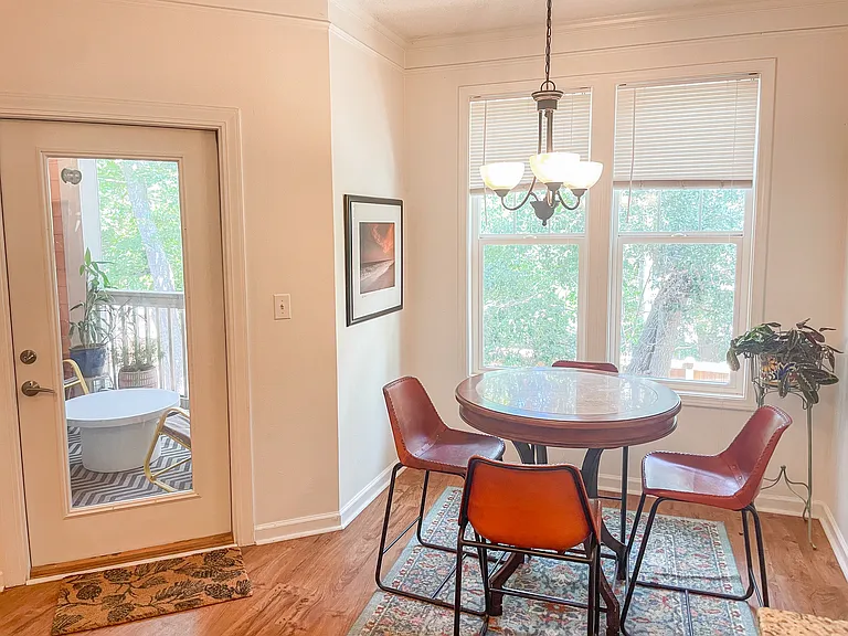 Dining room area and porch door viewed from the kitchen