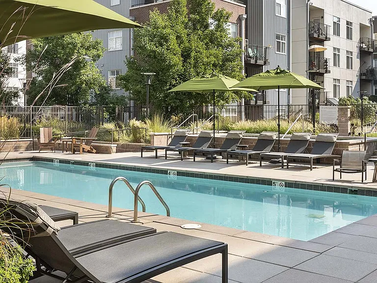 Apartment community resort style pool at Griffis Cherry Creek in Denver, Colorado.