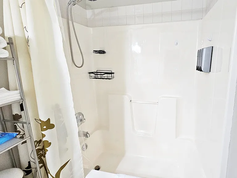 Brand new spa handheld shower head and dispensary. Plenty of in-shower storage as well.