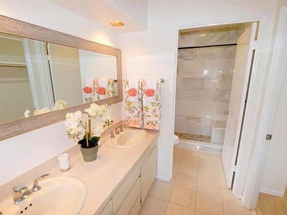 Master bathroom with two sinks, large counter, and beautiful shower