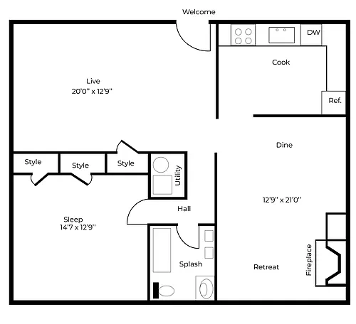 Floor plan One Bedroom with Washer & Dryer