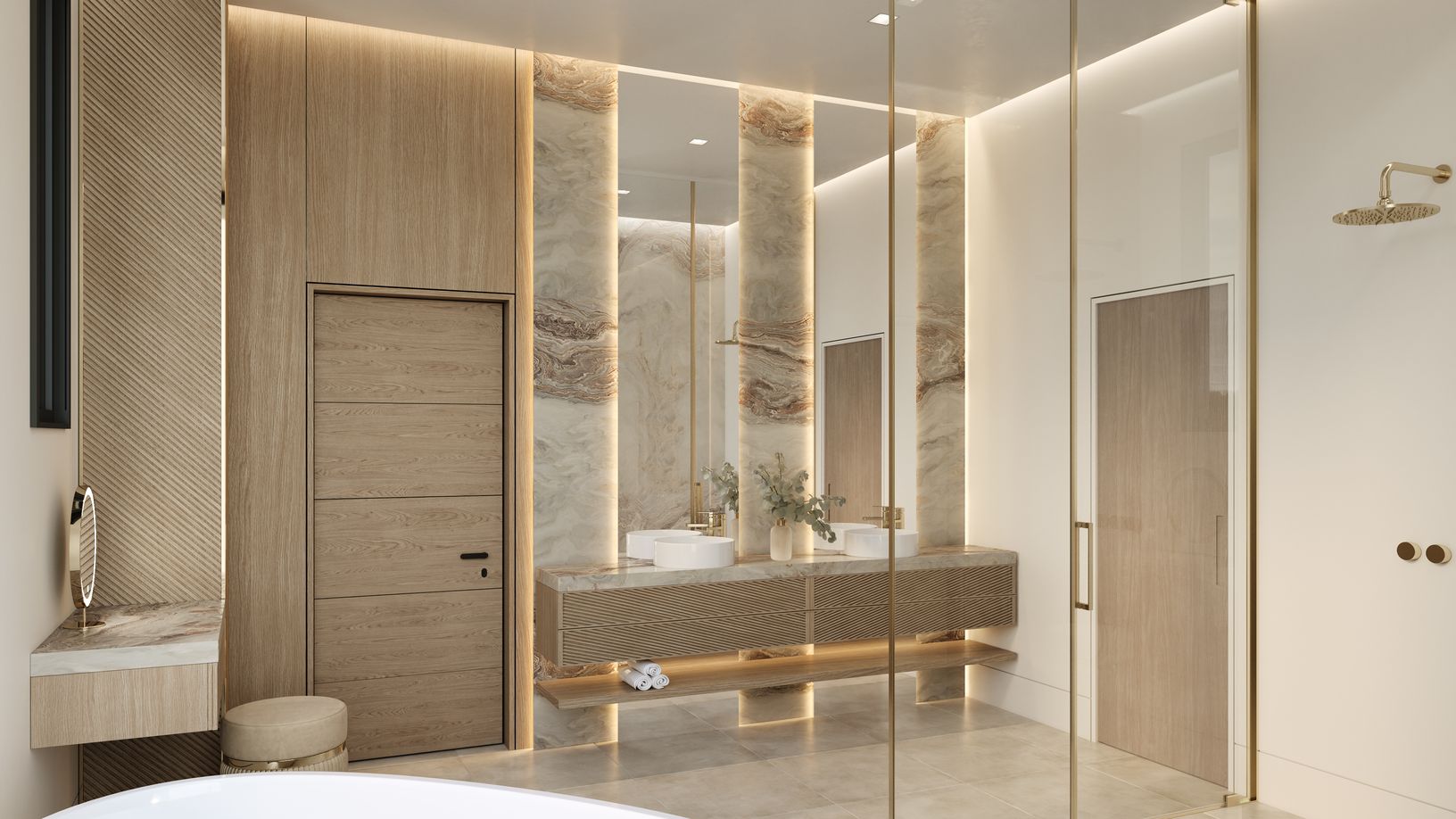 The spa-inspired bath features a steam shower, freestanding soaking tub, and illuminated stone.