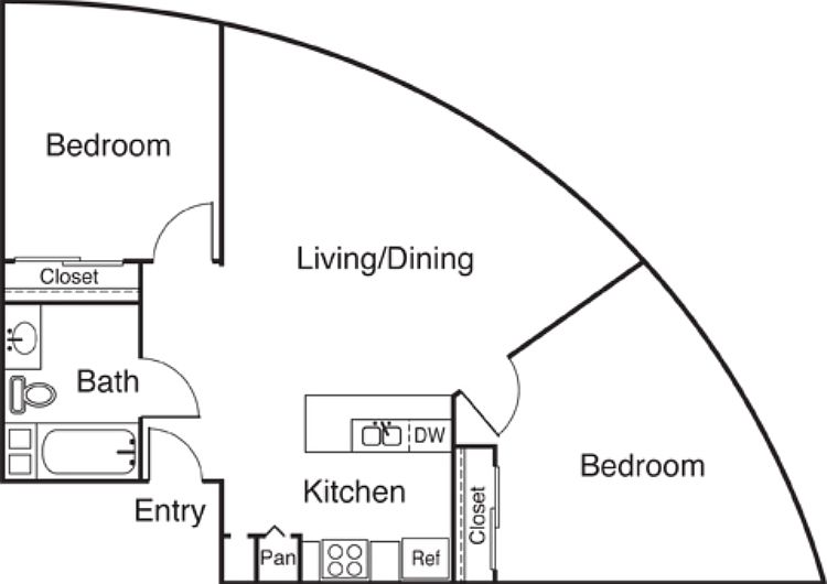 2 Bed 1 Bath Floorplan Diagram