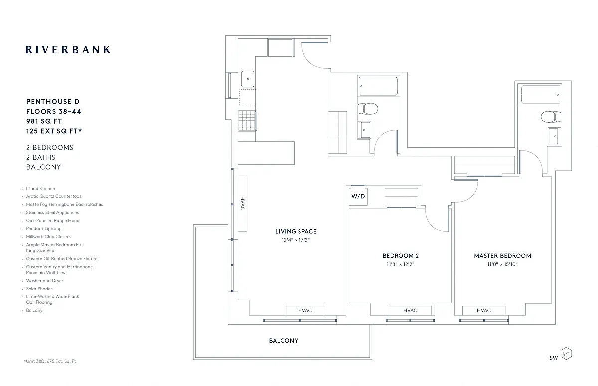 Floor plan D Line Floors 38-44 (2 Bed PH)