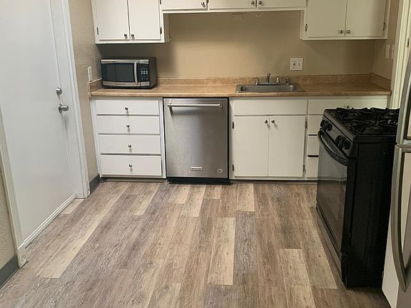 Kitchen from the dining space doorway.