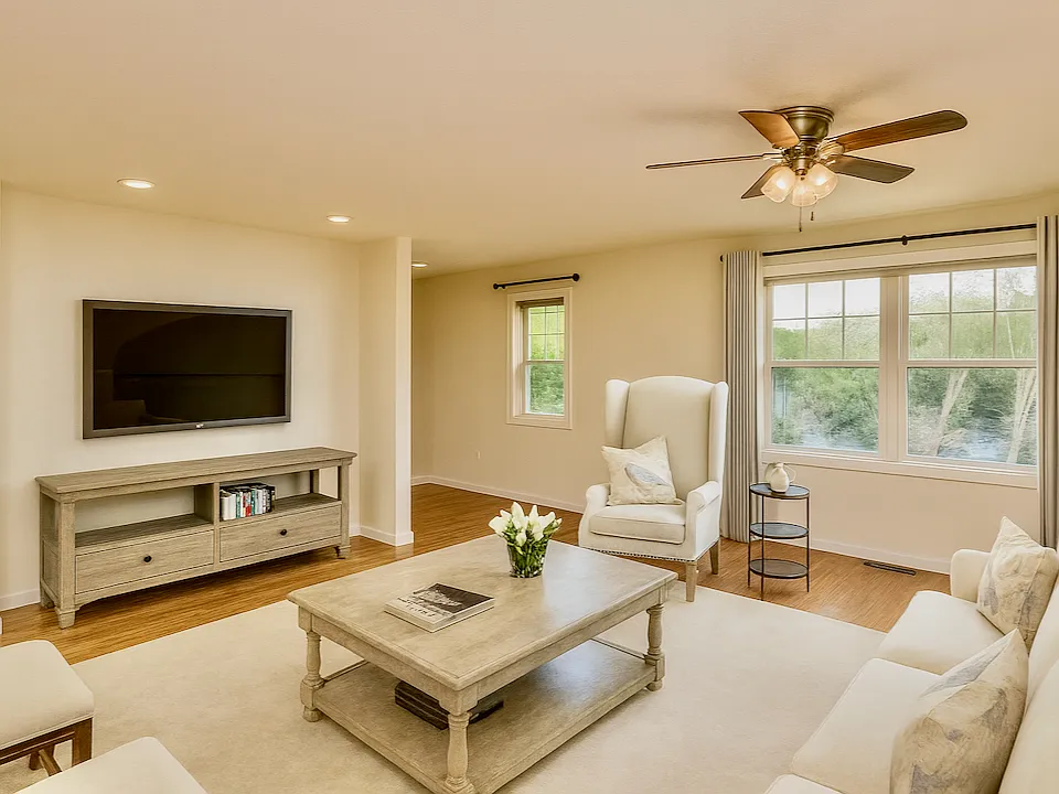 Oak wood floors, open layouts, and windows with curtain rods.