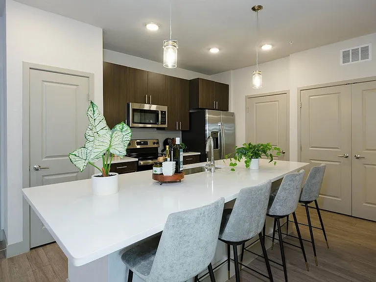 Elevate your culinary experience in this stunning kitchen at The Edison Daytona Apartments. With sleek finishes and modern appliances, it's perfect for both cooking and entertaining. Explore your new lifestyle and schedule a tour today!