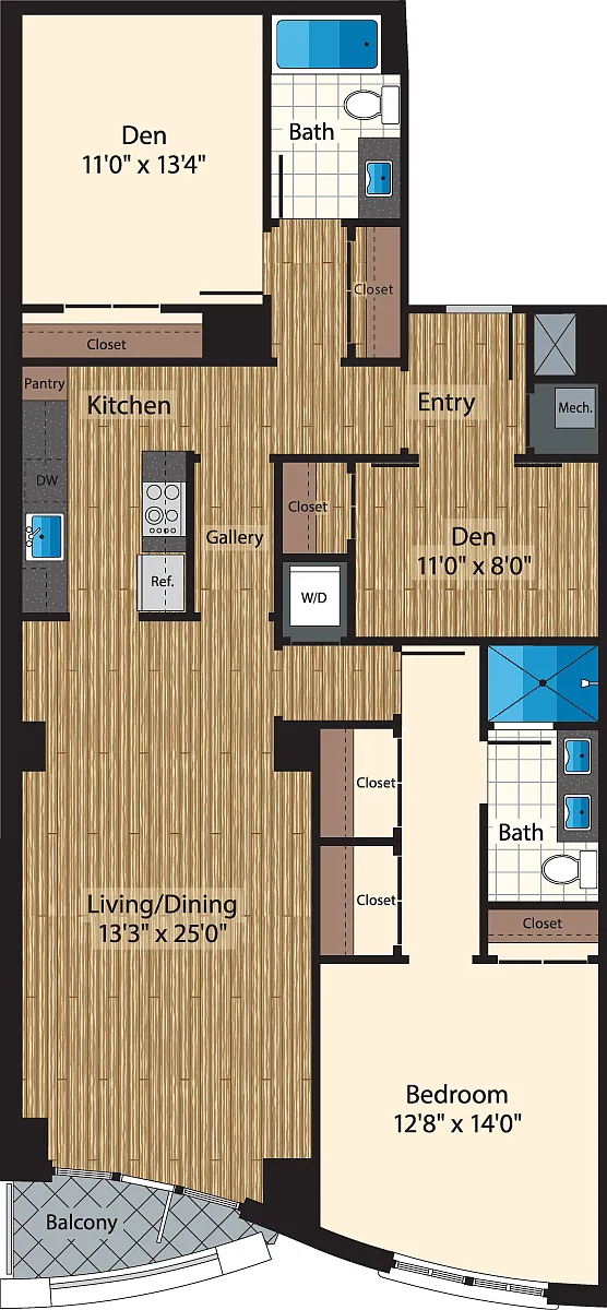 Floor plan One Bedroom +Den Two Bath B 1493