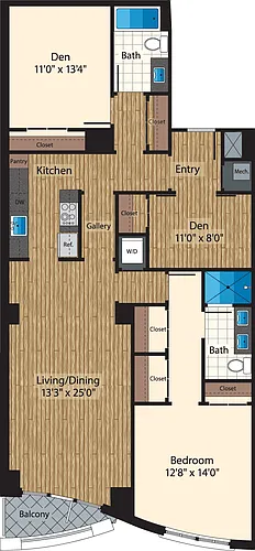 Floor plan One Bedroom +Den Two Bath B 1493