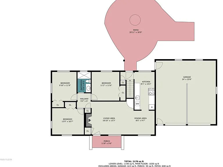 3BR, 1 Bath, living room with fireplace, dining room & kitchen on main level