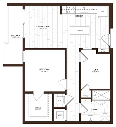 Floor plan 1 Bed/1 Bath Den-D3