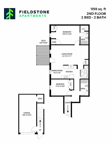 Floor plan 2 Bed, 2 Bath - 1,159 sq ft