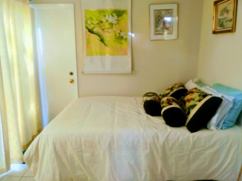 bed facing Japanese garden