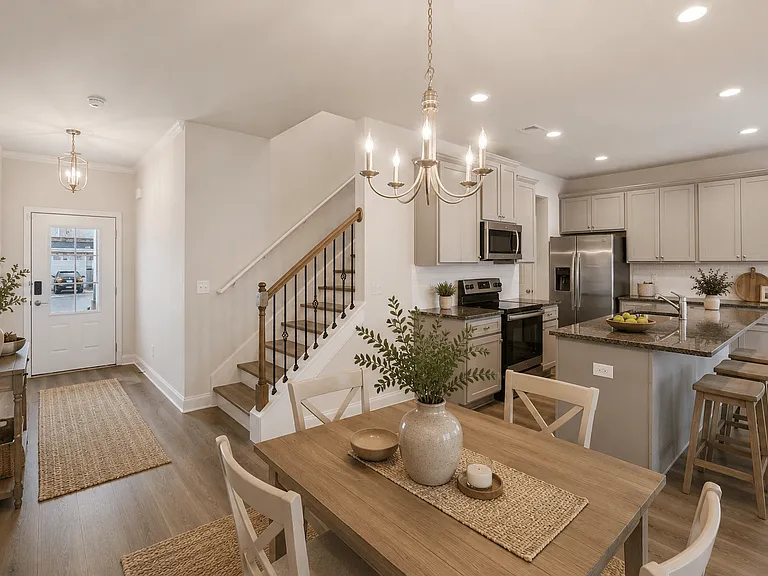 A view of the spacious kitchen, dining area, and stainless steel appliances