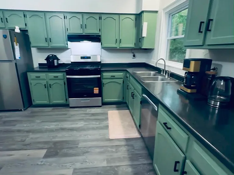 Beautifully renovated kitchen featuring updated cabinetry, a new dishwasher, and a new refrigerator. The open layout overlooks a private, nature-filled backyard, offering peaceful views while cooking, dining, or entertaining.
