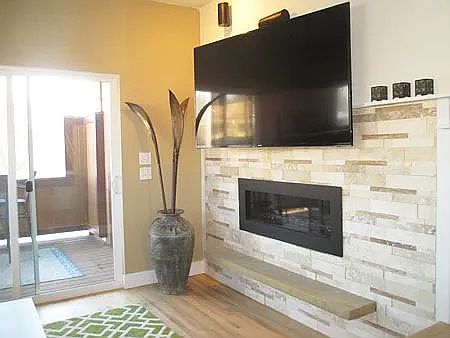 Living room fireplace and patio