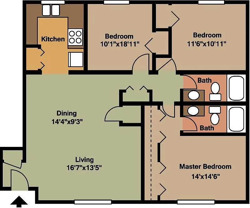 Floor plan Apt 3 Beds 2 Baths