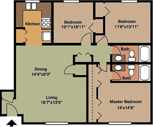 Floor plan Apt 3 Beds 2 Baths