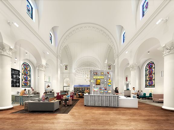 12,000 SF amenities floor with vintage arcade games, a TV wall, and private conference rooms
