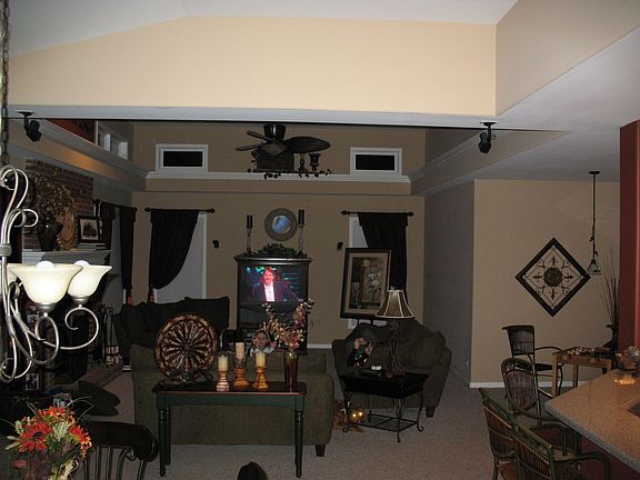 Large Family Room with Fireplace, 12' ceilings