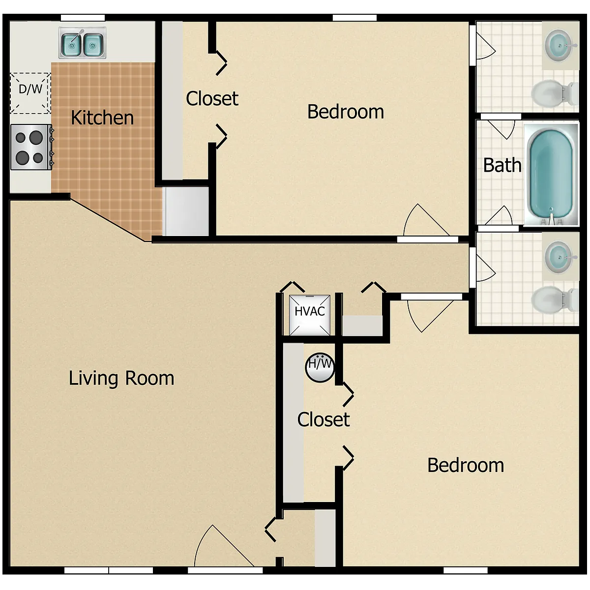 Floor plan 2 Bed 1 and a Half Bath