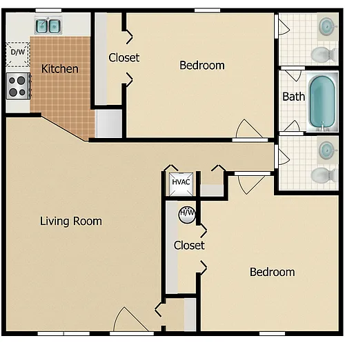 Floor plan 2 Bed 1 and a Half Bath