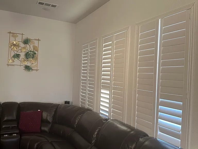 WINDOWS COVERED WITH WOOD BLINDS