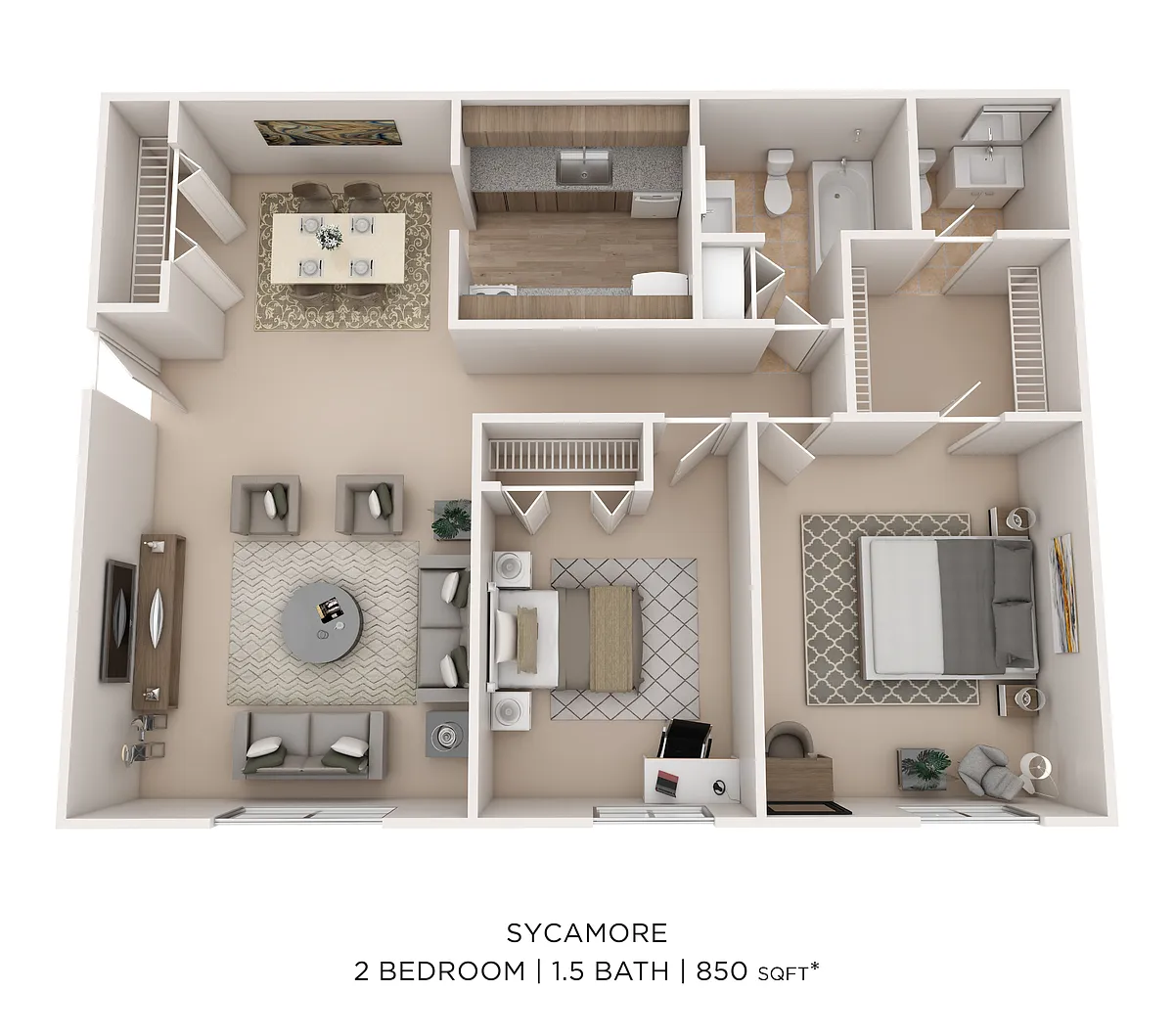 Floor plan 2 Bed 1.5 Bath 850 Sycamore