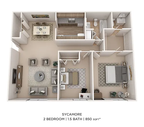 Floor plan 2 Bed 1.5 Bath 850 Sycamore