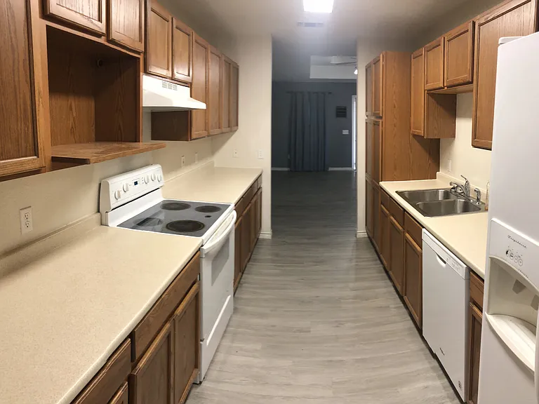 Galley Kitchen between Livingroom & Dining or Flex room: Double SS sink, Dishwasher, Fridge/Freezer w/ Ice dispenser, Glass cooktop w/ electric range, ample cupboards!