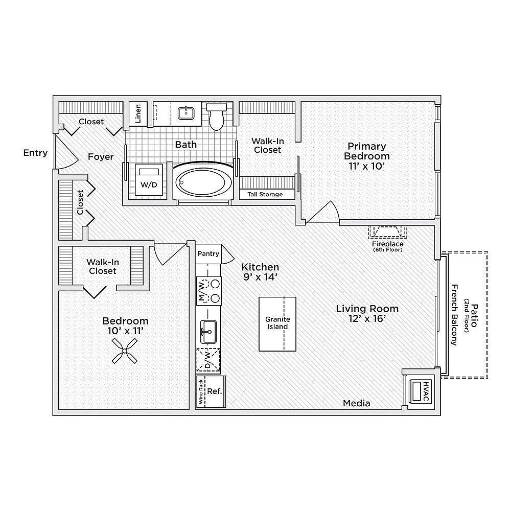 Floor plan 2 Bedroom - 871sf
