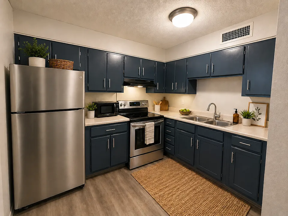 Modern kitchen with navy accents and stainless steel appliance