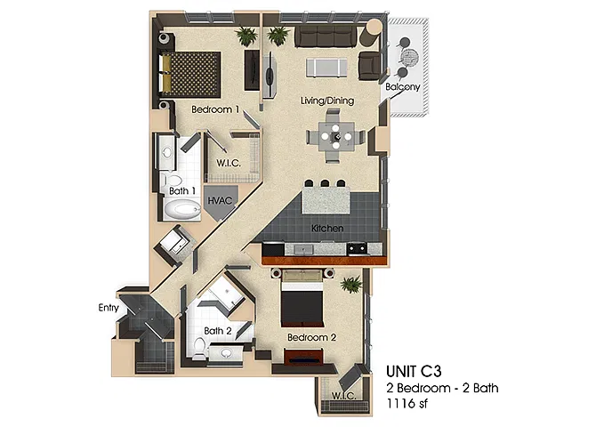 Floor plan (C3) 2 Bedroom - 2 Bathrooms