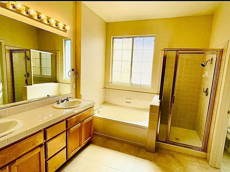 Master bathroom view with large bath tub and separate shower