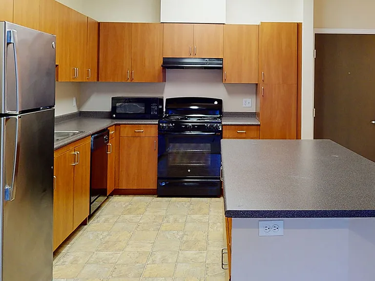 Apartment kitchen with wood-style flooring.