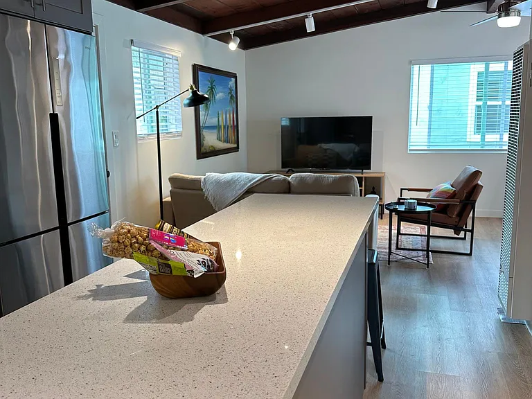 Quartz counters, all new appliances, room to work from home with a bit of beach. Walk to train.
