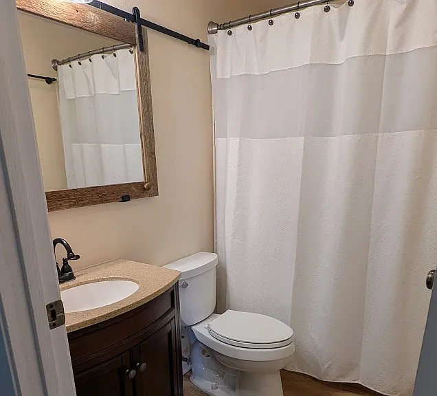 Bathroom with barn door cabinet.