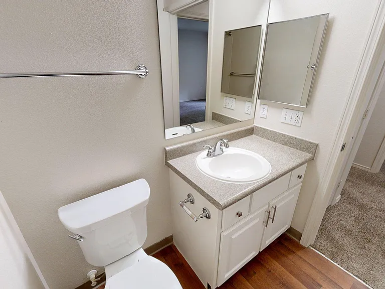Apartment Bathroom with vanity mirror and Wood-Style Flooring.