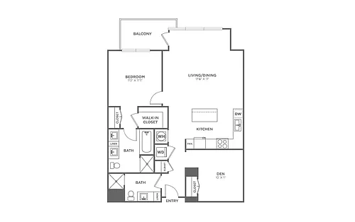 Floor plan One Bedroom One Bath With Den (1,049 SF)