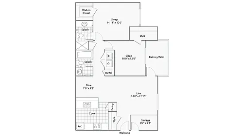 Floor plan 2 Bed 2 Bath Washer Dryer A