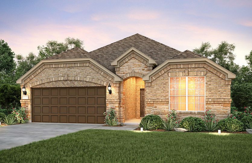 The Mckinney, a one-story home with 2-car cedar garage, shown with Home Exterior C