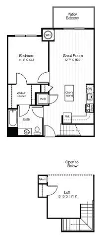 Floor plan A6L 1 Bedroom 1 Bath with Balcony & Loft