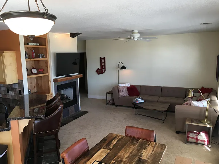 Living room, dining room and kitchen