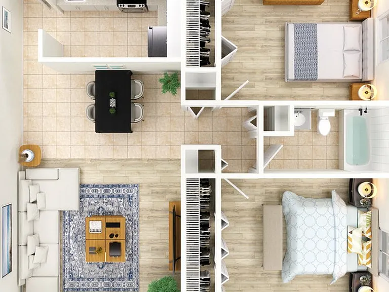 Elegant 2D floor plan displaying a chic two-bedroom apartment with modern kitchen, cozy living room, and well-appointed bathroom. Elegant 2D floor plan displaying a chic two-bedroom apartment with modern kitchen, cozy living room, and well-appointed bathr