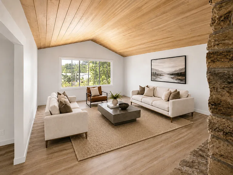 Grand family room with stone fireplace and cedar ceiling and plenty of light