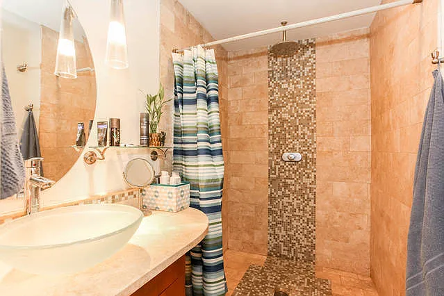 Bathroom
Note: This is an older picture. The updates to the Bathroom includes sleek glass partition instead of curtain