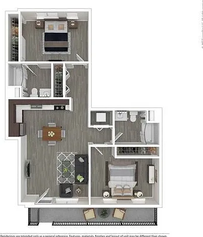 This courtyard-level two-bedroom home is similar to the D1 floor plan but offers a guest bathroom. A private gated entrance opens onto a generous patio for outdoor living and entertaining. With nine-foot ceilings or more throughout the home, the fully equ