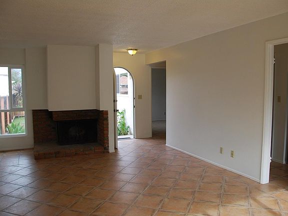 Bright, large living room with working gas-log fireplace.
